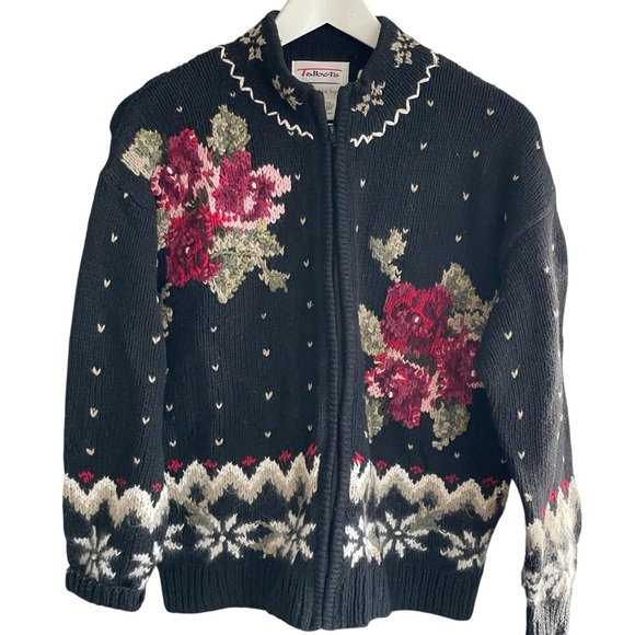 Talbots Knitted by Hand Floral Roses Zip Sweater Vintage Size Medium - Picture 1 of 7